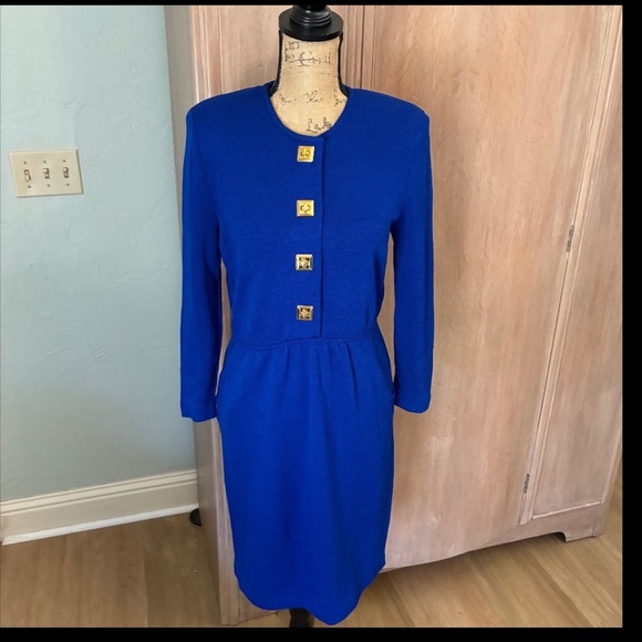 St. John Vintage 80’s Santana Knit Long Sleeve Sweater Dress blue gold button 4